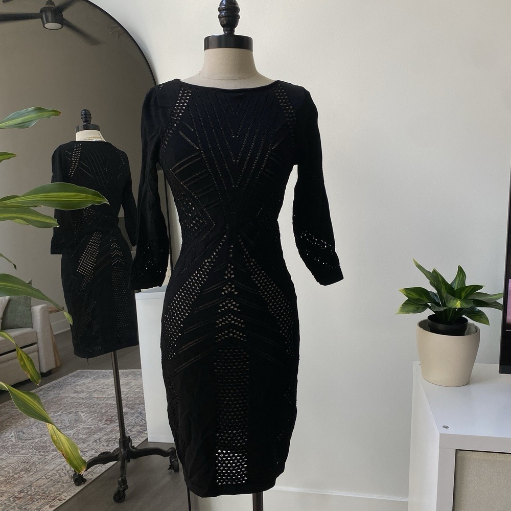 Calvin Klein Black Lazer Cut Formal Dress 3/4 Sleeve Beige Lined Crochet Size S